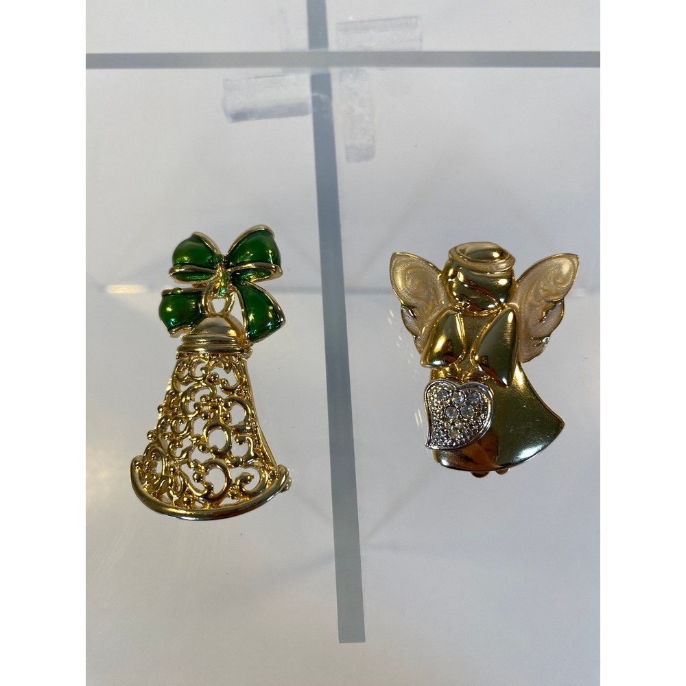 Vintage Gold Tone Christmas Brooch Set Angel with Heart Filigree Bell Green Bow